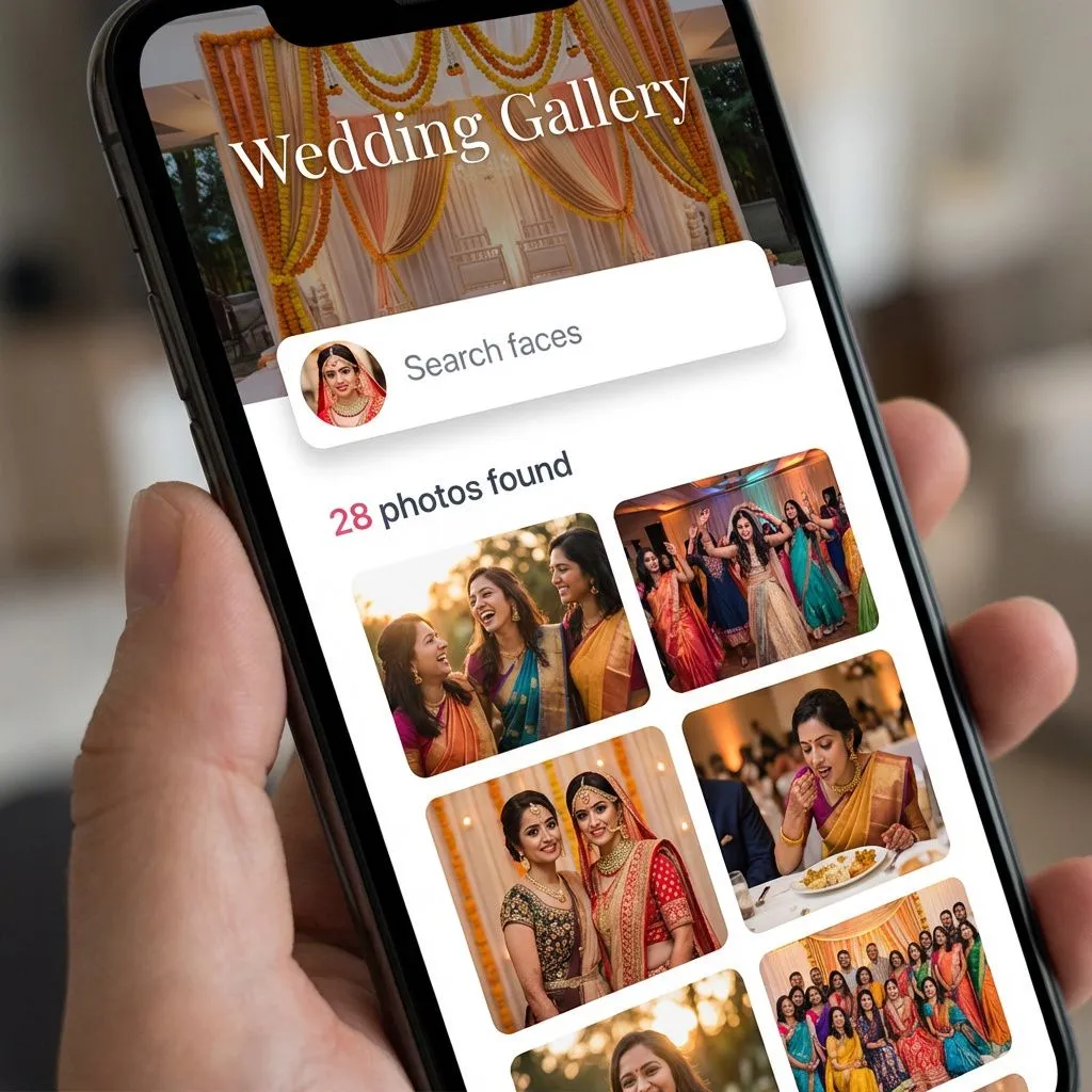 Mobile AI face search showing matched wedding guest photos in gallery grid