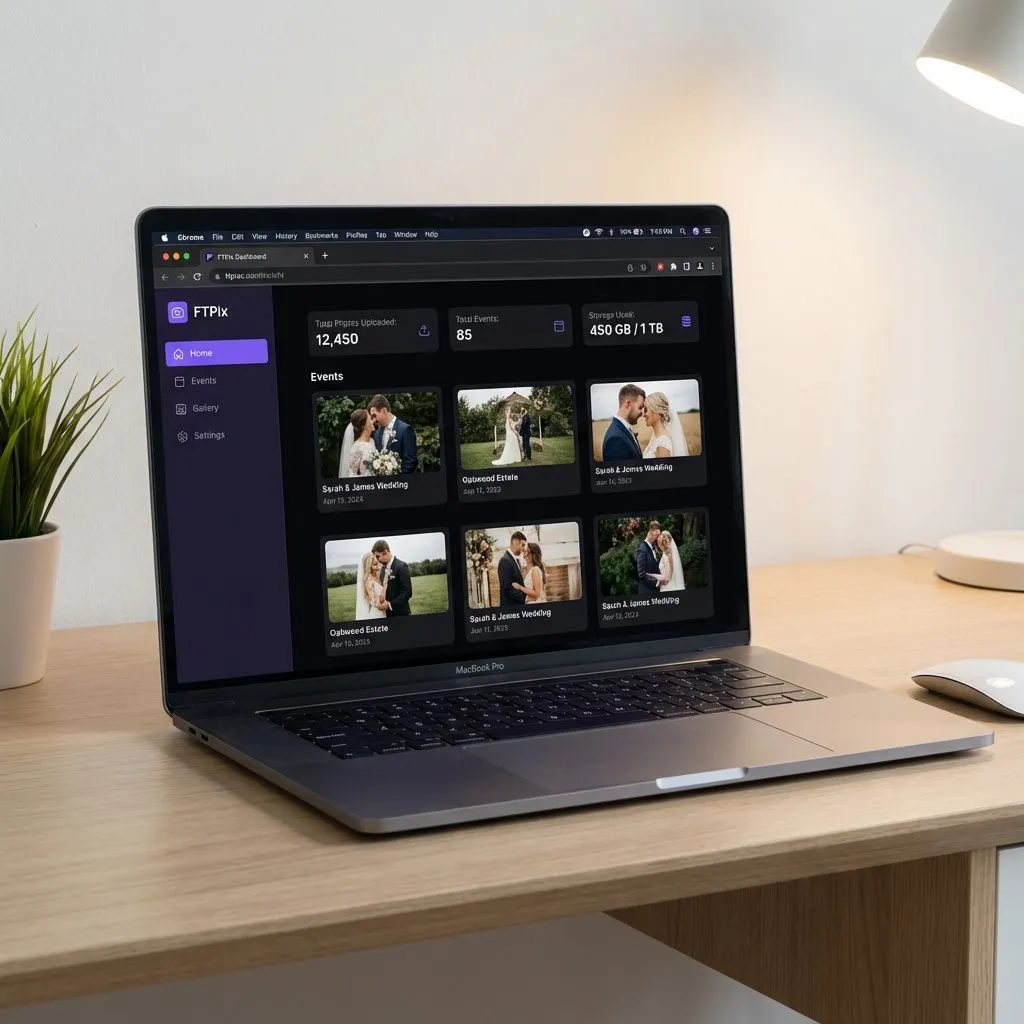 Web dashboard showing photography events and uploads